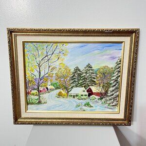 Original Artwork Framed Winter‎ Village Scene Painting By B. Hummer